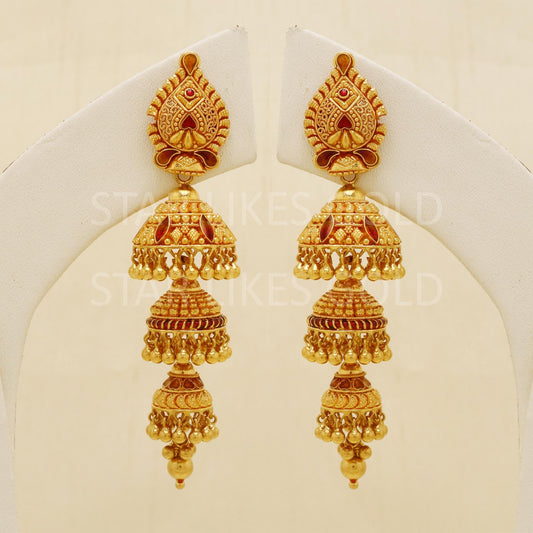 Hallmark 22k Gold Three-Tier Bridal Jhumki Earrings with Red Enamel Accents, B1685