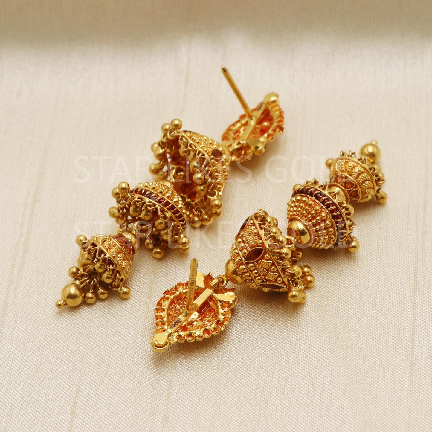 Hallmark 22k Gold Three-Tier Bridal Jhumki Earrings with Red Enamel Accents, B1685