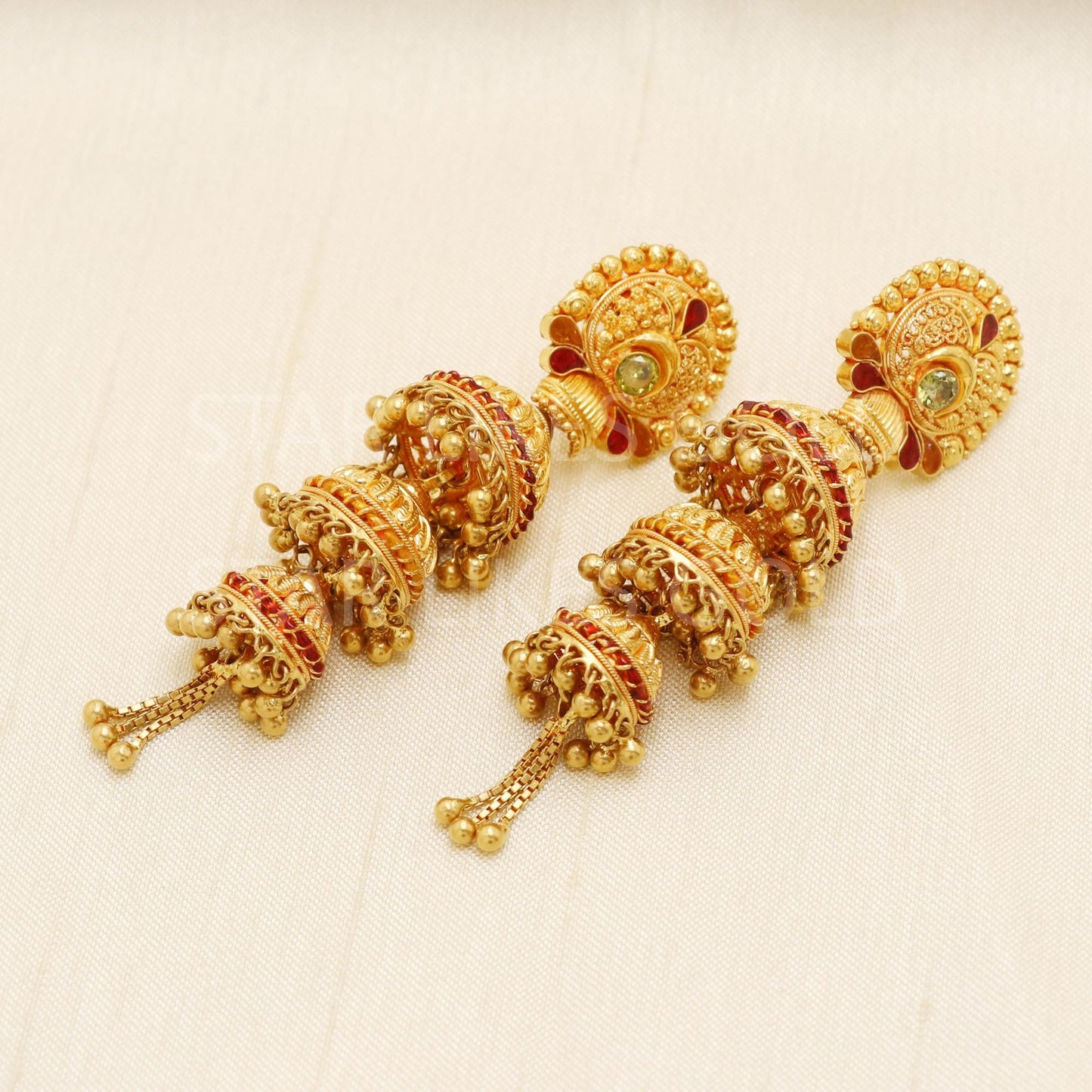 Hallmark 22k Gold Three-Tier Bridal Jhumki Earrings with Red Enamel Accents, B1687