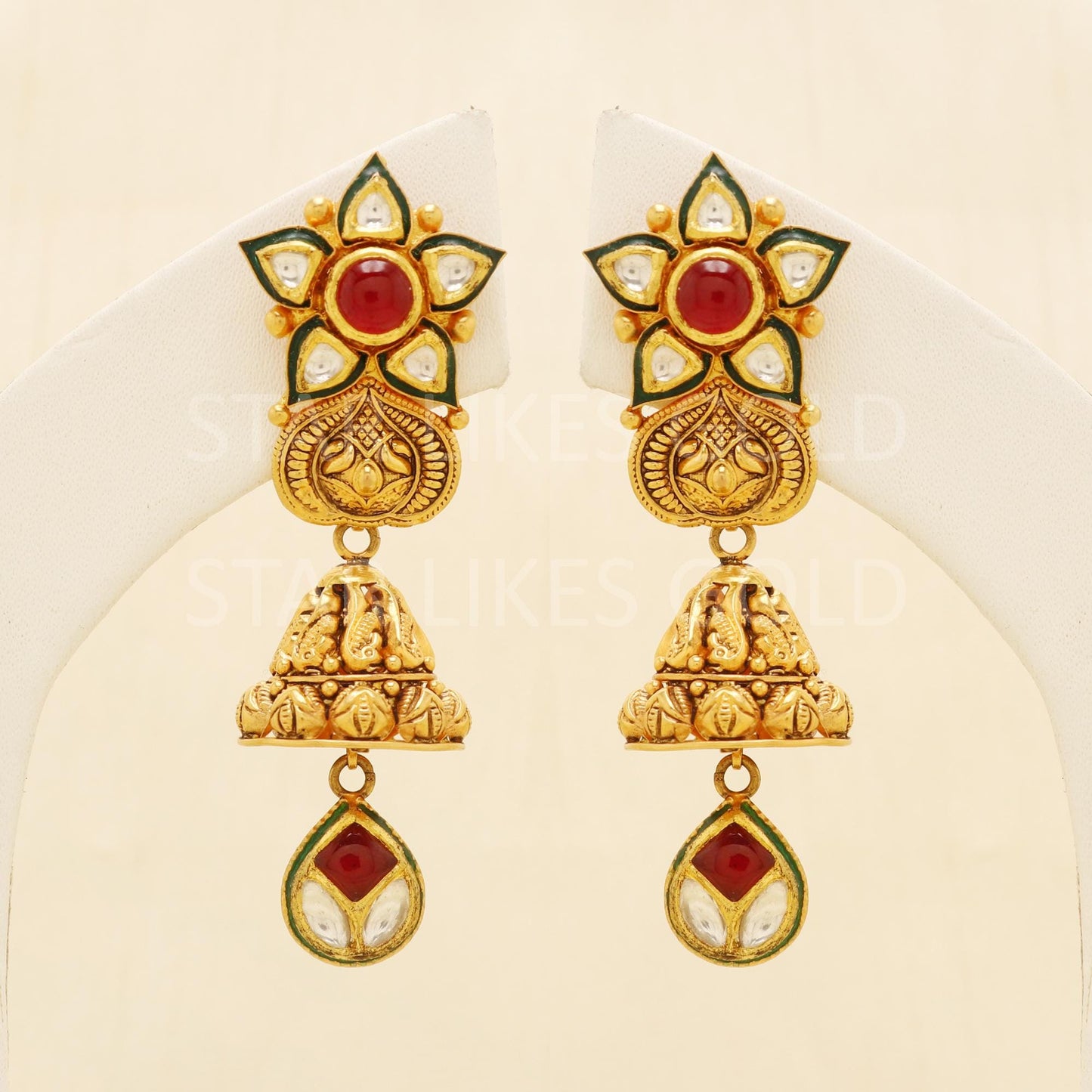 Modern Hallmark 22k Gold Ethnic Bridal Dangles with Teardrop Stone Charm, B1688