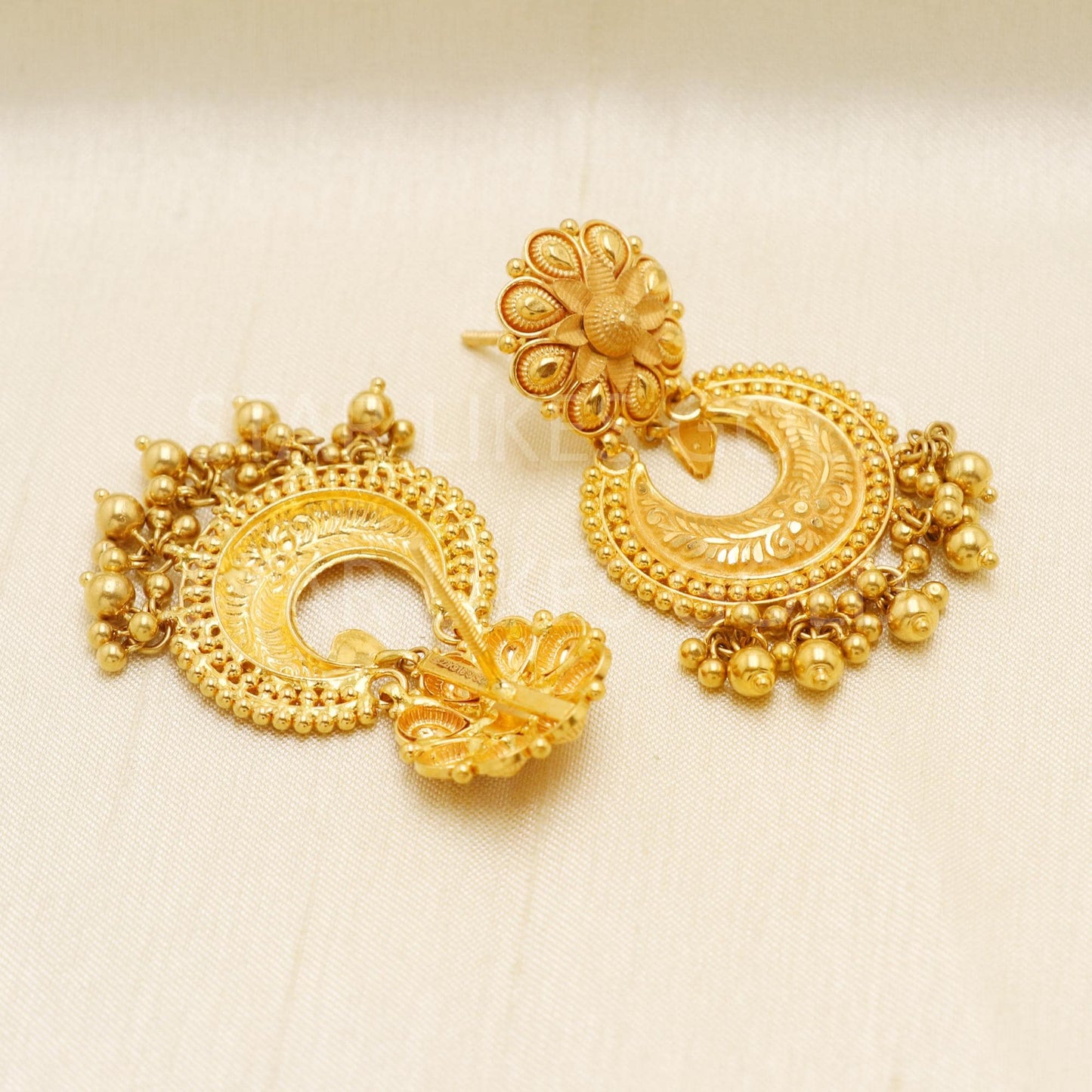 Hallmark 22k Gold Royal Chandbali Earrings with Intricate Floral Tops, B1690