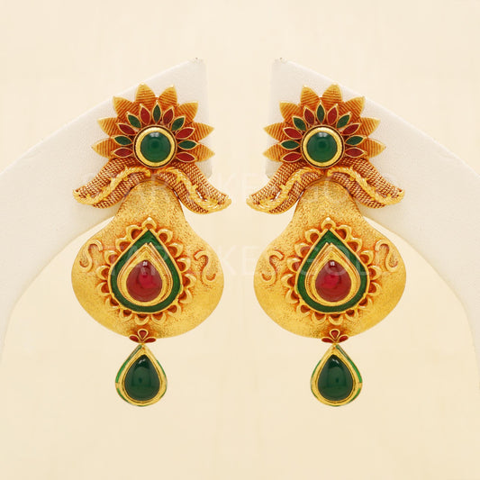 Hallmark 22k Gold Traditional Floral Jhumki with Red, Green Stones & Kundan Work, B1691