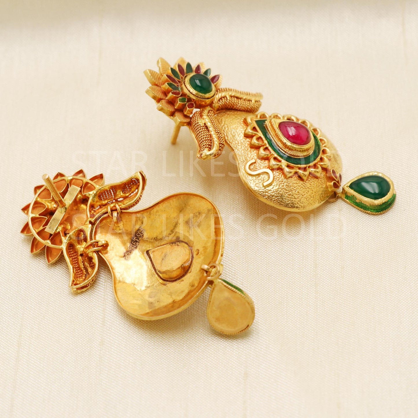 Hallmark 22k Gold Traditional Floral Jhumki with Red, Green Stones & Kundan Work, B1691