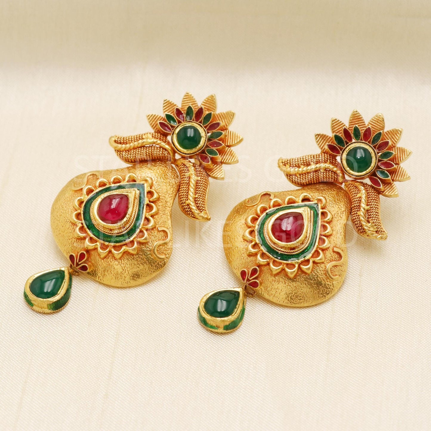 Hallmark 22k Gold Traditional Floral Jhumki with Red, Green Stones & Kundan Work, B1691