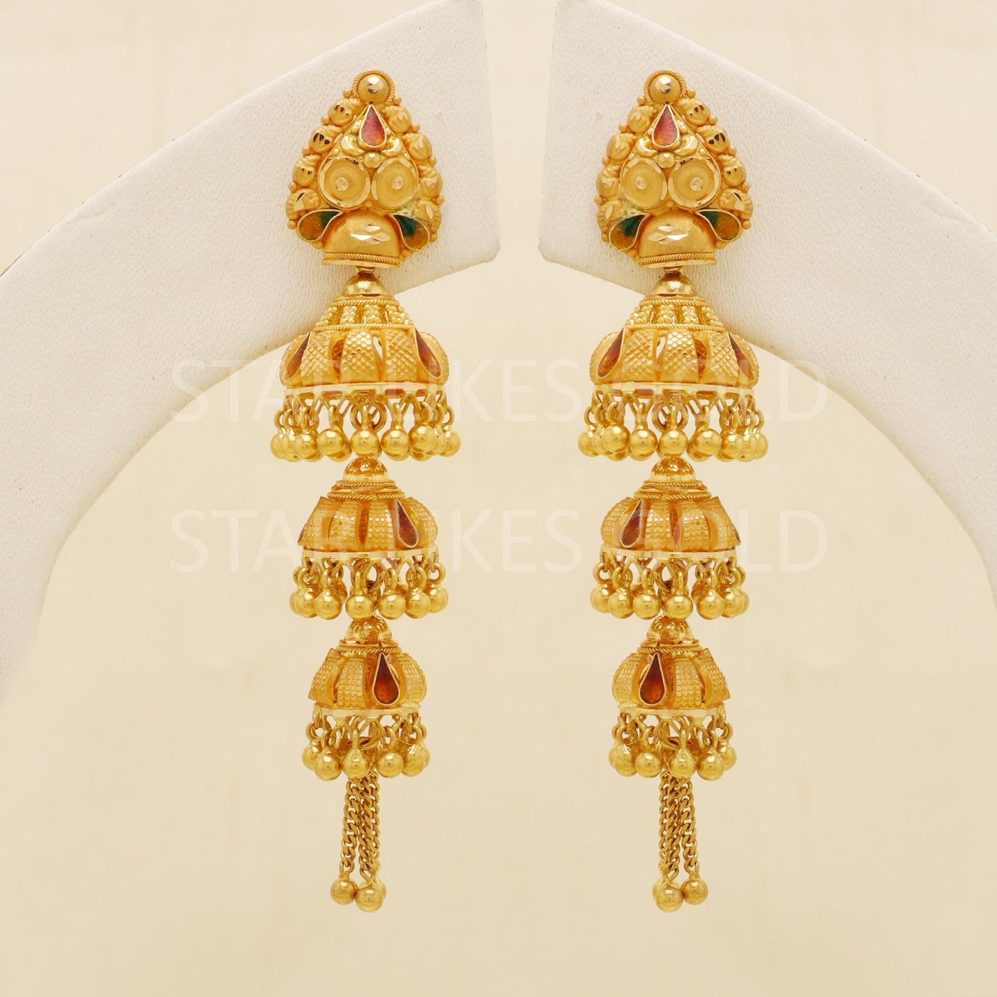 Elegant 22k Gold Long Triple Layer Jhumka - Hallmark Certified Wedding Wea, B1698