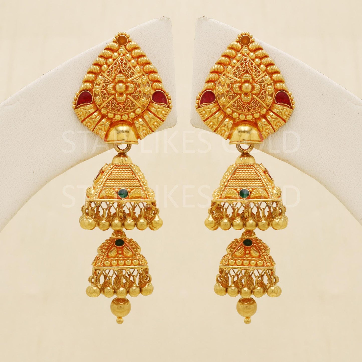 Elegant 22k Gold Long Triple Layer Jhumka - Hallmark Certified Wedding Wear, B1701