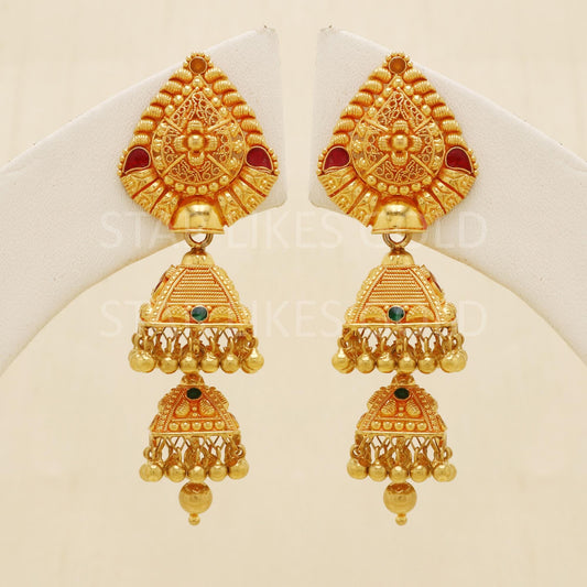 Elegant 22k Gold Long Triple Layer Jhumka - Hallmark Certified Wedding Wear, B1701