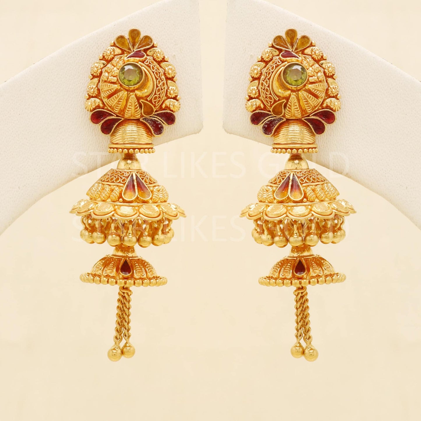Elegant 22k Gold Long Triple Layer Jhumka - Hallmark Certified Wedding Wea, B1702