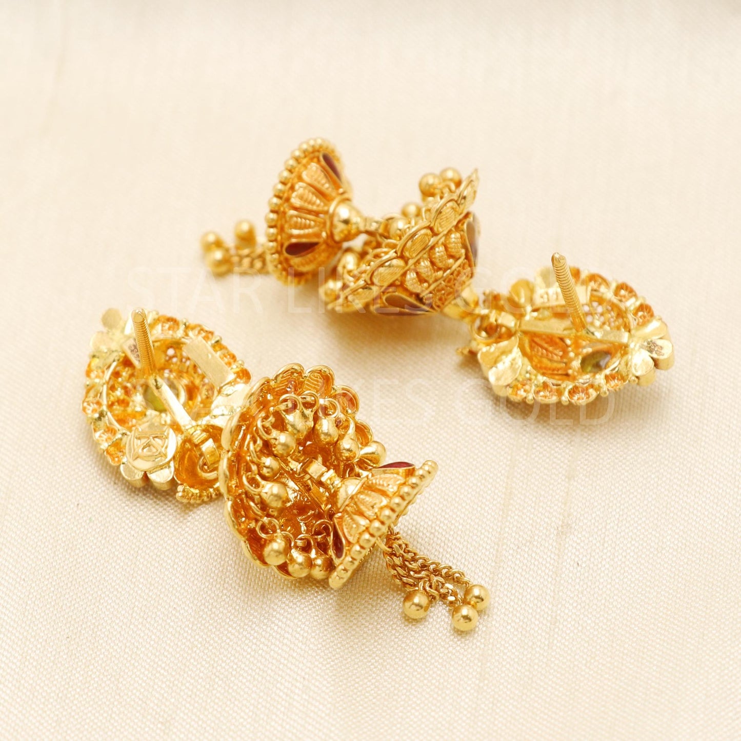 Elegant 22k Gold Long Triple Layer Jhumka - Hallmark Certified Wedding Wea, B1702