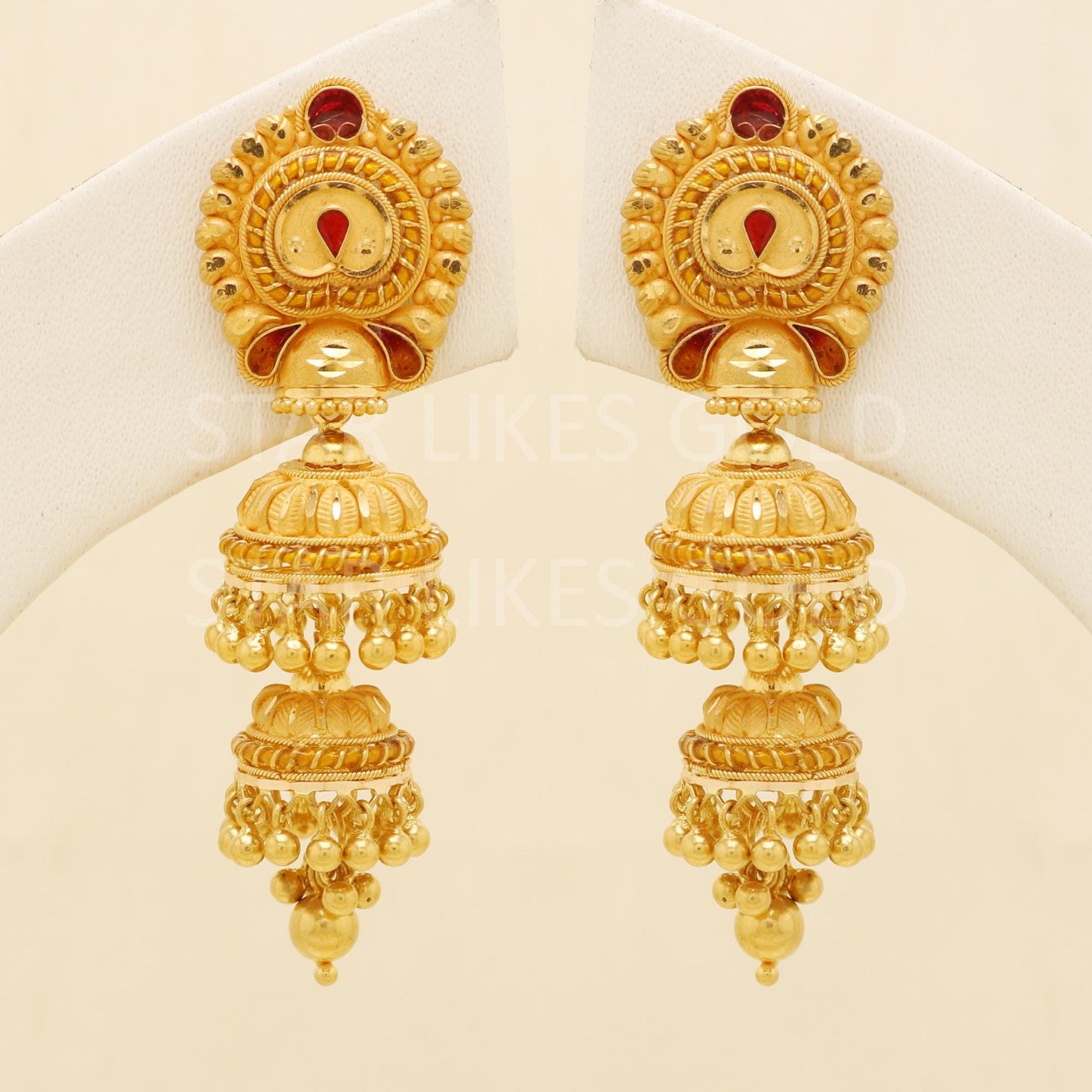 Intricate 22k Gold Leaf Motif Triple Jhumka with Hallmark Certification, B1703