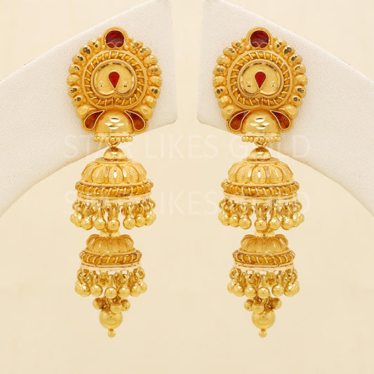 Intricate 22k Gold Leaf Motif Triple Jhumka with Hallmark Certification, B1703