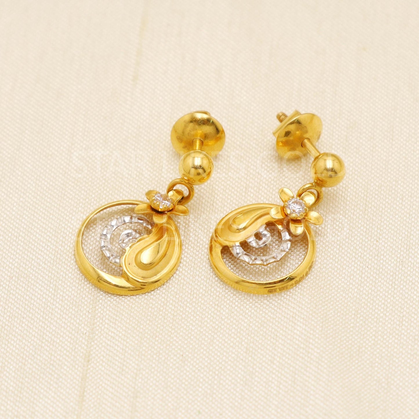 Hallmark 22k Gold Floral Swirl Drop Earrings with Sparkling White Stone, B1729