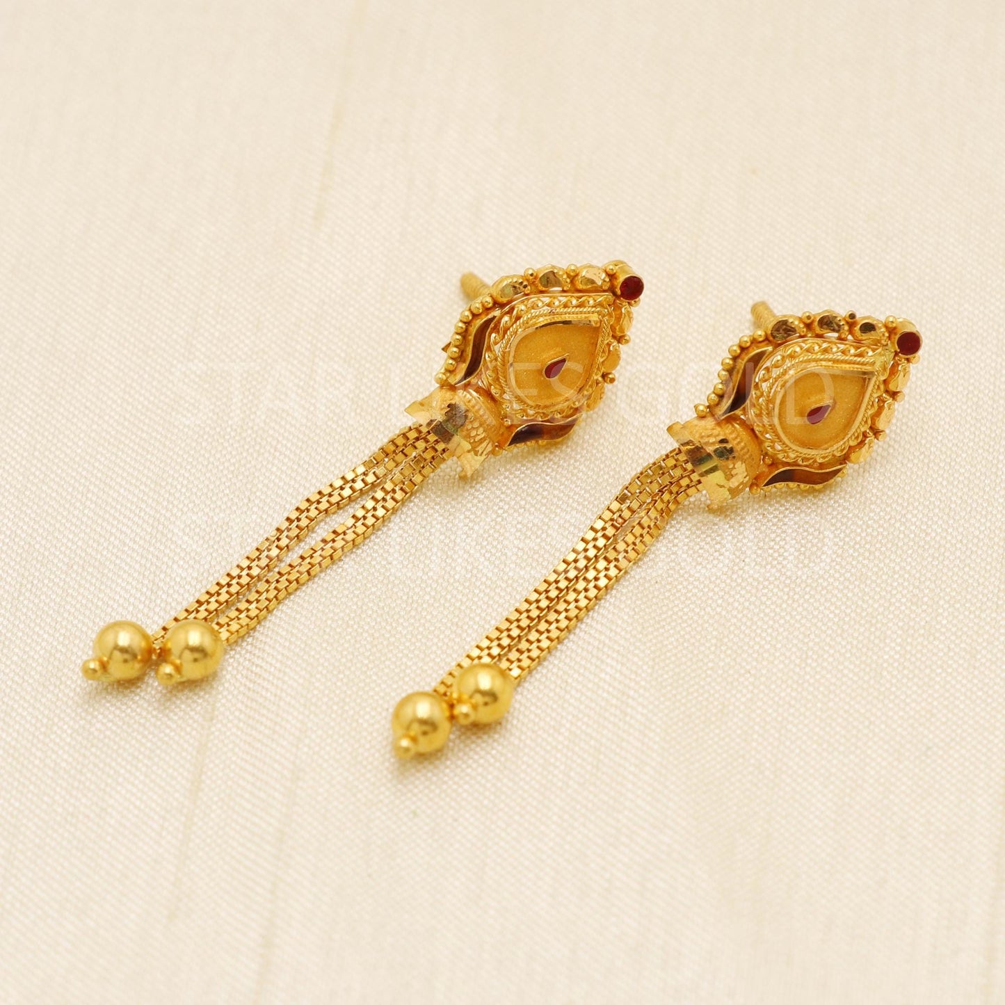 Elegant 22k Gold Textured Bell Dangles with Sleek Chain Tassels - Hallmark, B1730