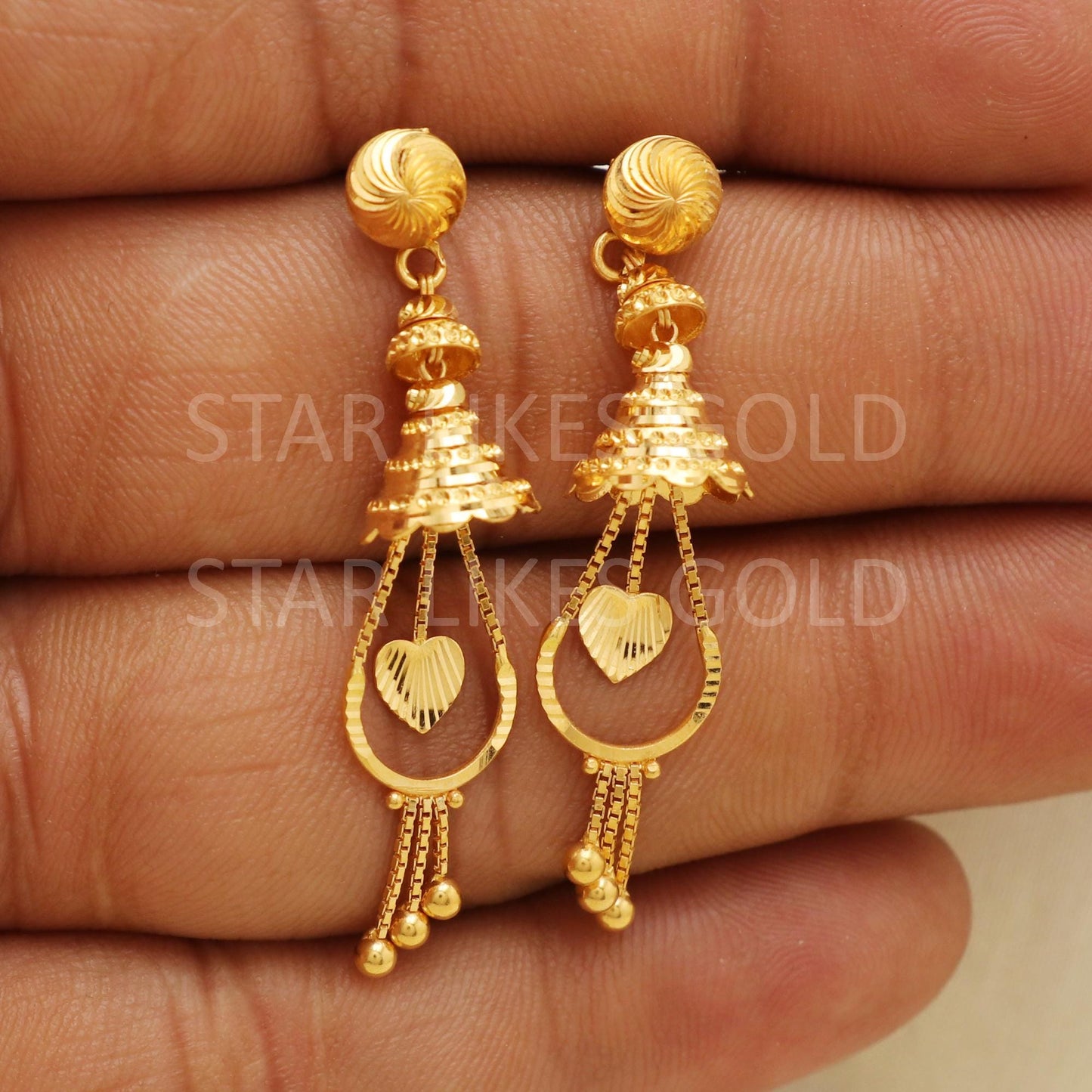 Hallmark 22k Gold Traditional Jhumki Earrings with Hanging Heart Charms, B1731