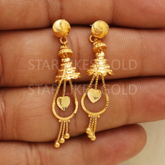 Hallmark 22k Gold Traditional Jhumki Earrings with Hanging Heart Charms, B1731