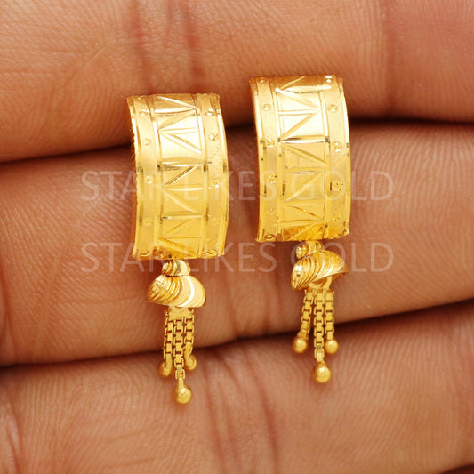 Pure 18k Gold Fancy Stud Earrings with Hallmark Quality and Delicate Hanging Chains, B1737