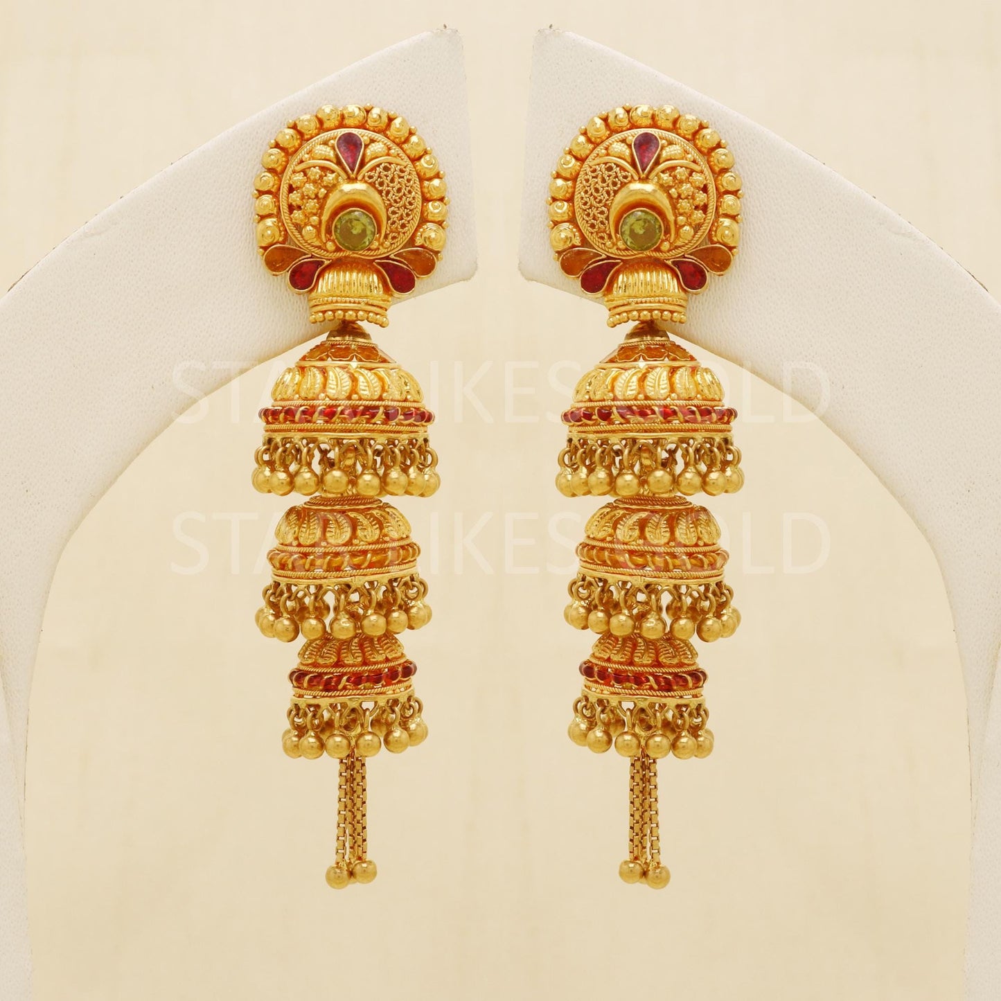 Hallmark 22k Gold Three-Tier Bridal Jhumki Earrings with Red Enamel Accents, B1687