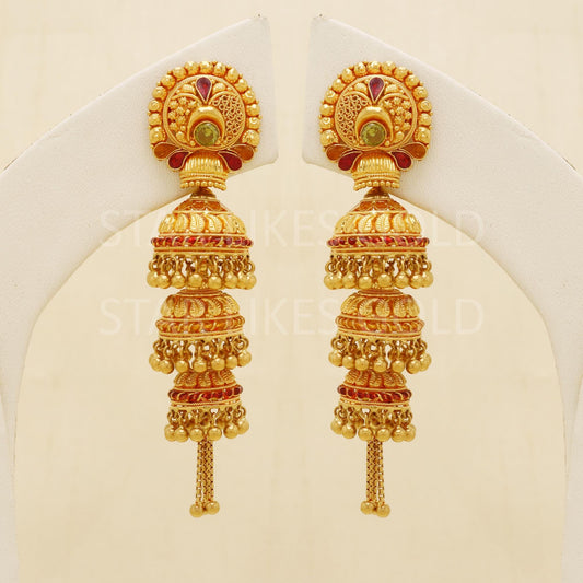 Hallmark 22k Gold Three-Tier Bridal Jhumki Earrings with Red Enamel Accents, B1687