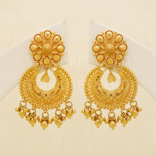 Hallmark 22k Gold Royal Chandbali Earrings with Intricate Floral Tops, B1690