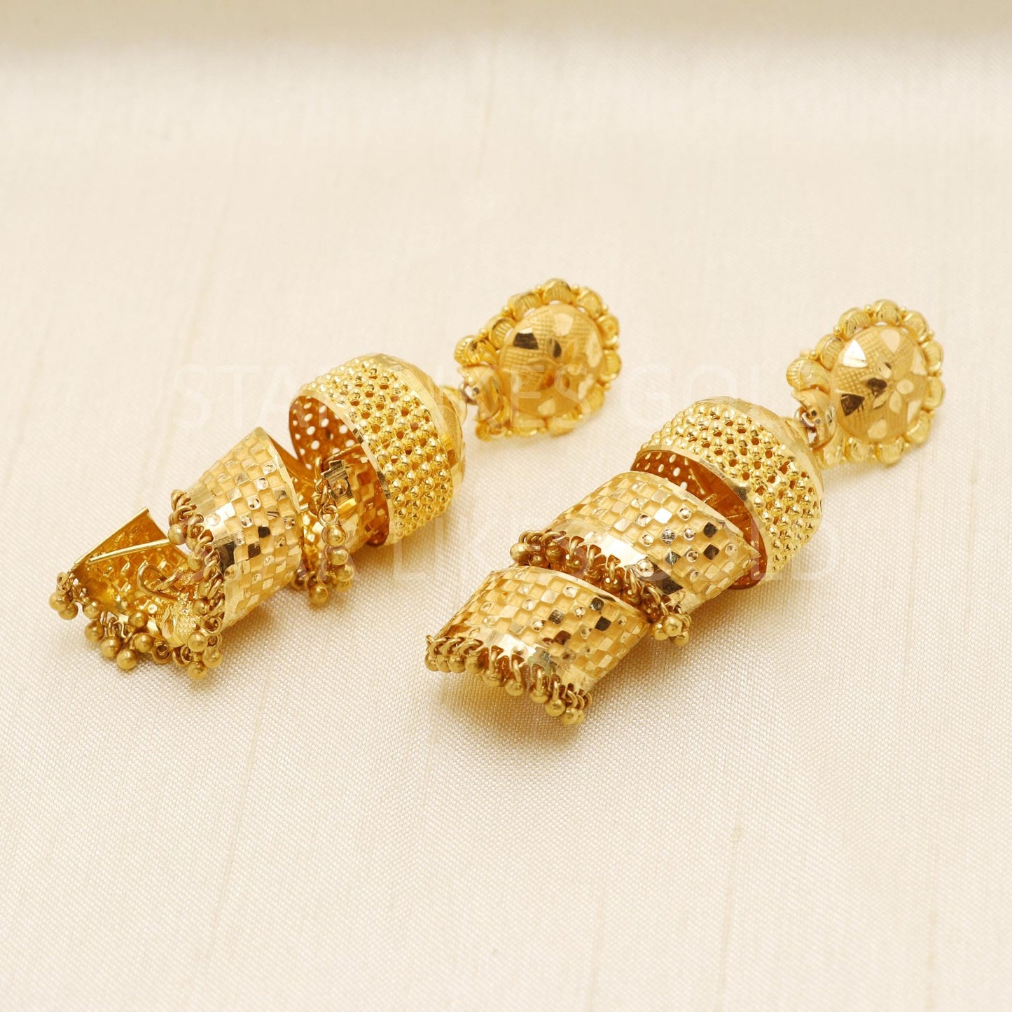 Hallmark 22k Gold Unique Spiral Carpet-Style Jhumki Earrings with Bead Work, B1692