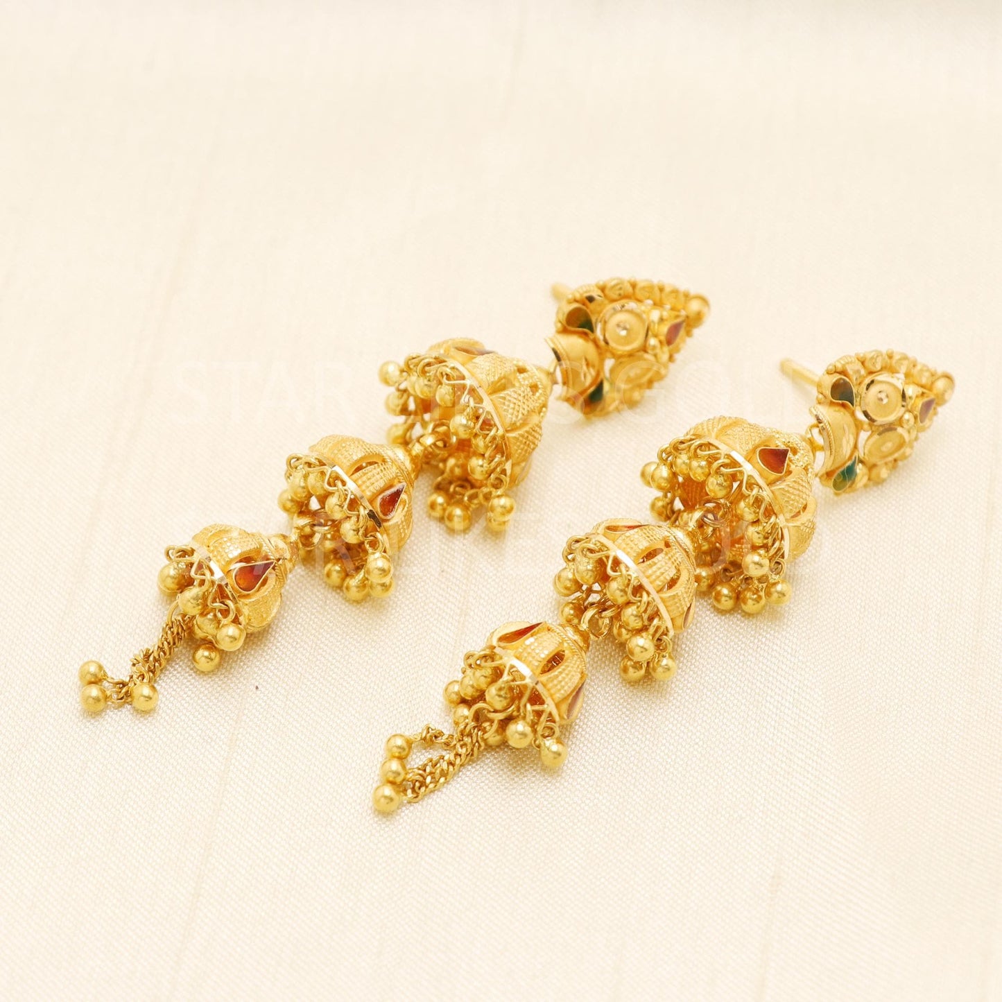 Elegant 22k Gold Long Triple Layer Jhumka - Hallmark Certified Wedding Wea, B1698