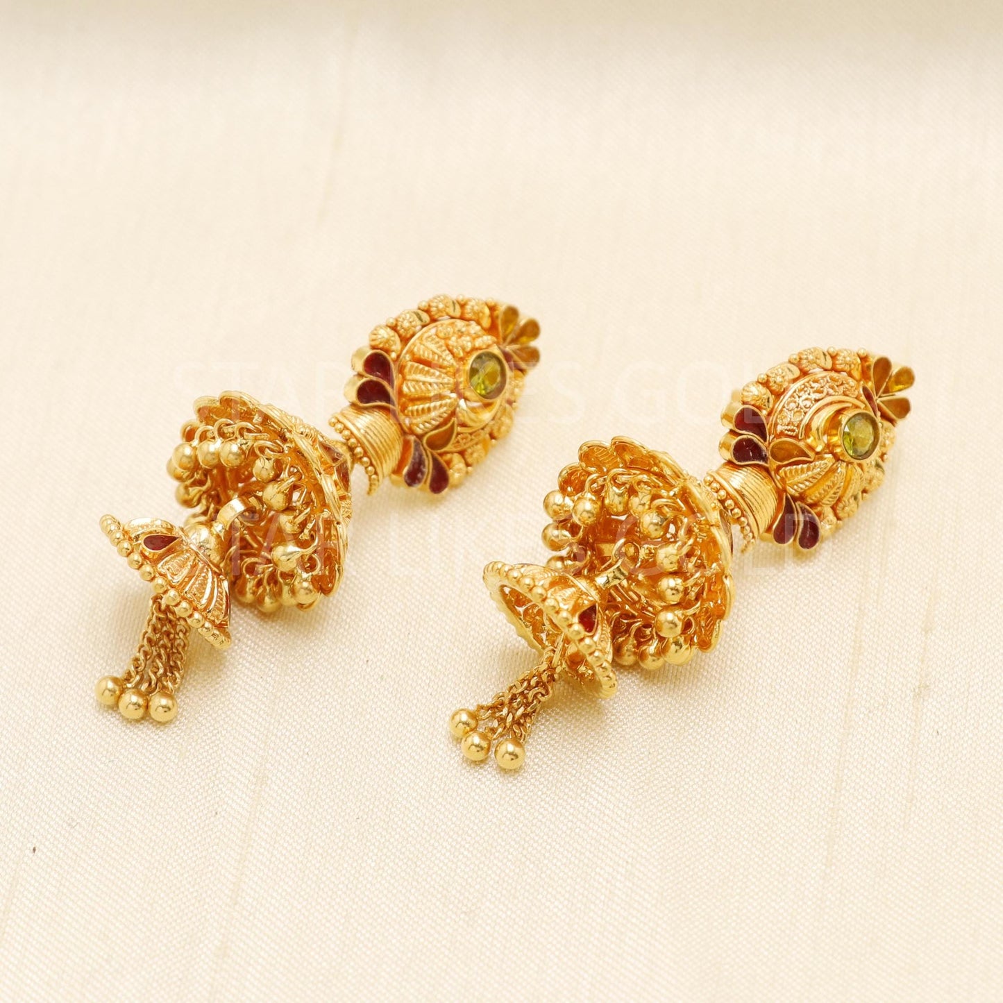Elegant 22k Gold Long Triple Layer Jhumka - Hallmark Certified Wedding Wea, B1702
