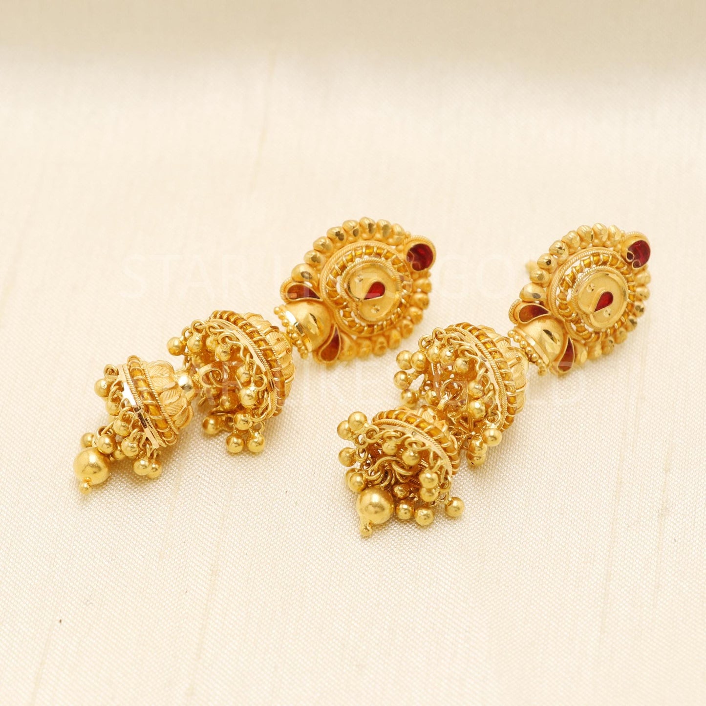 Intricate 22k Gold Leaf Motif Triple Jhumka with Hallmark Certification, B1703