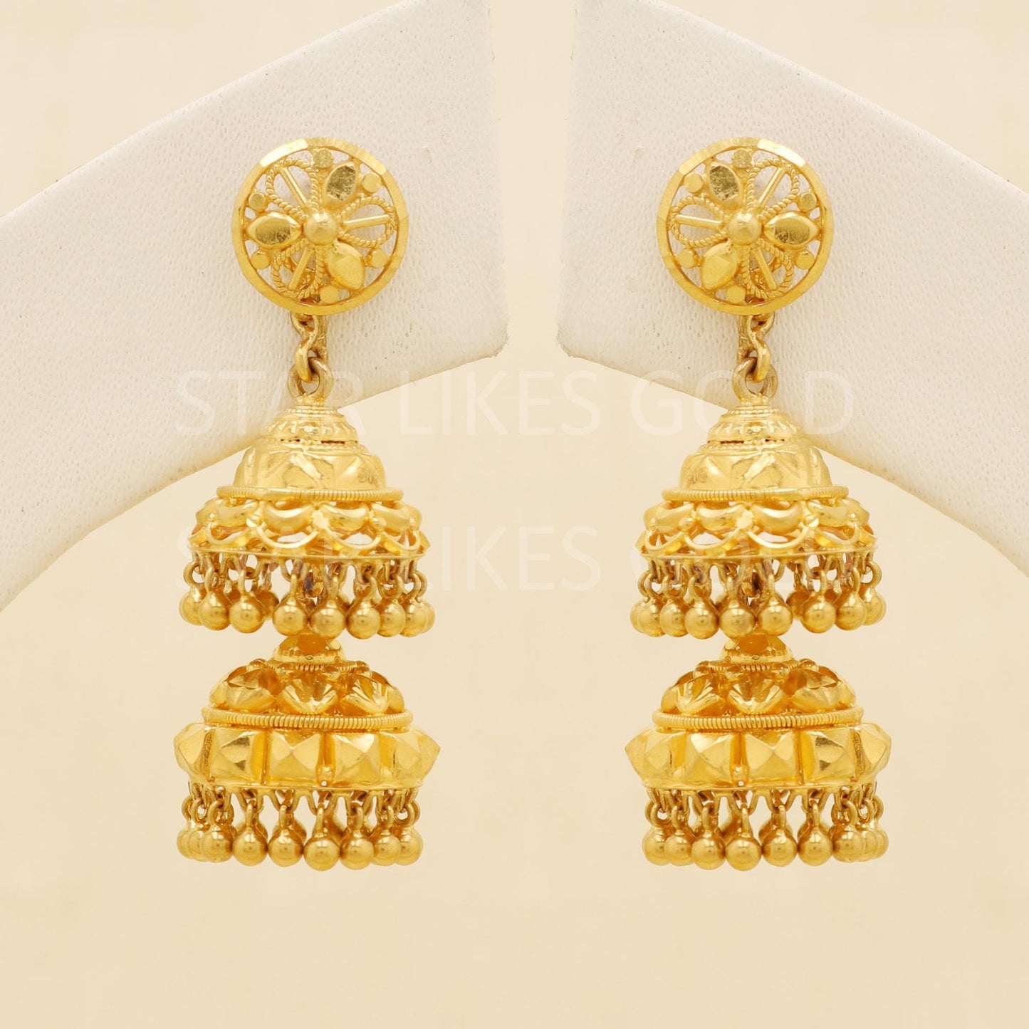 Intricate 22k Gold Leaf Motif Triple Jhumka with Hallmark Certification, B1704