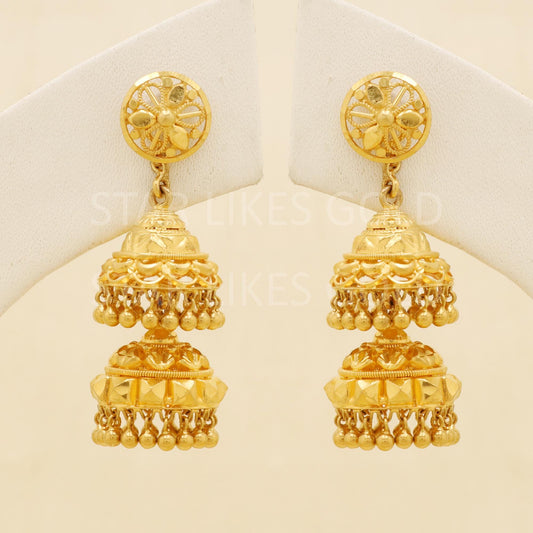 Intricate 22k Gold Leaf Motif Triple Jhumka with Hallmark Certification, B1704