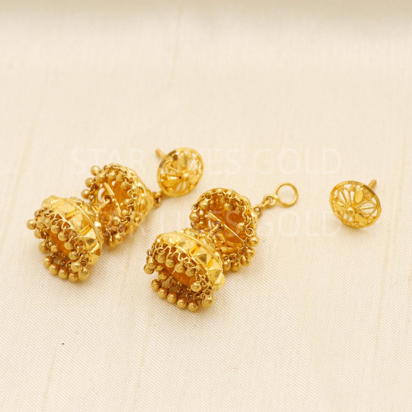 Intricate 22k Gold Leaf Motif Triple Jhumka with Hallmark Certification, B1704