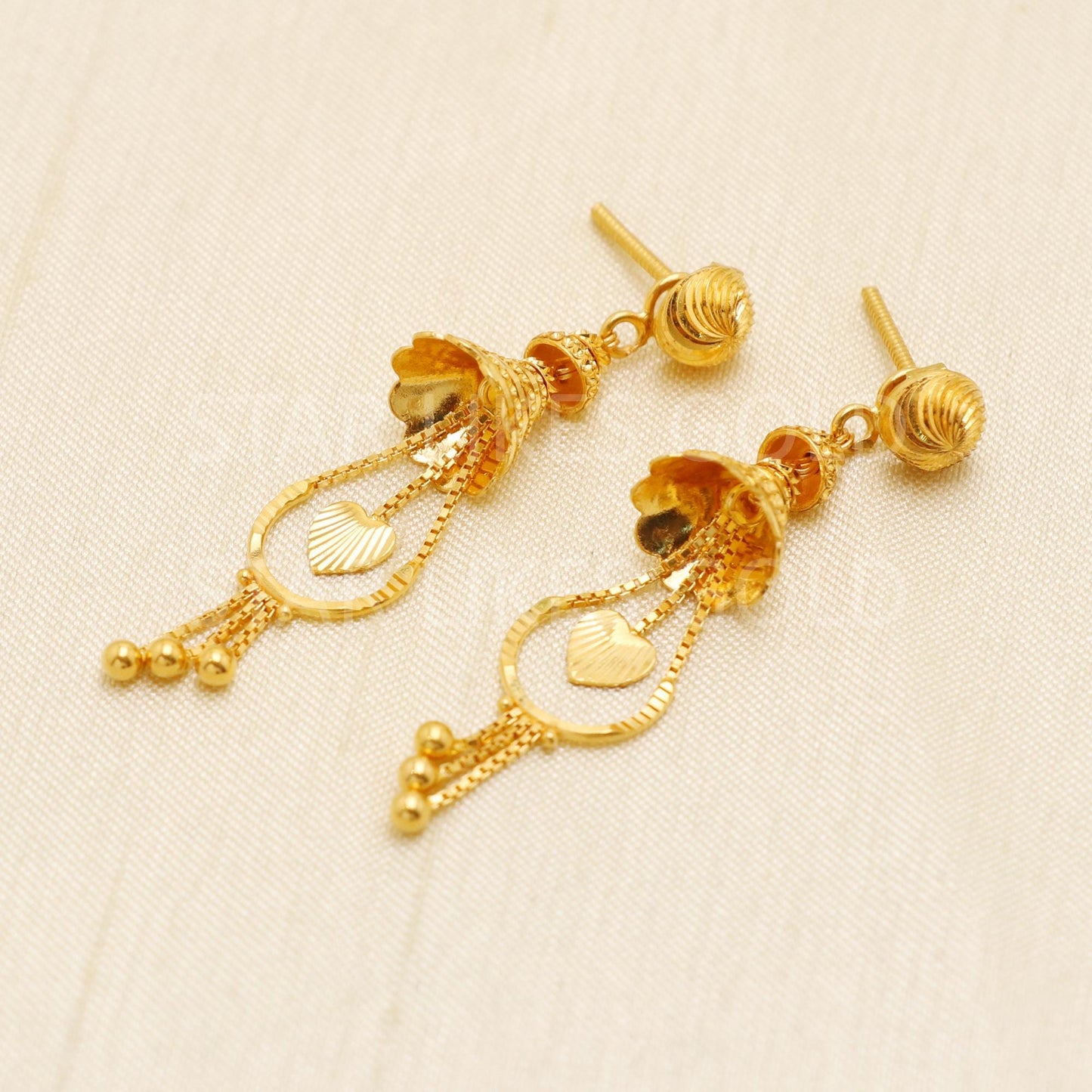 Hallmark 22k Gold Traditional Jhumki Earrings with Hanging Heart Charms, B1731