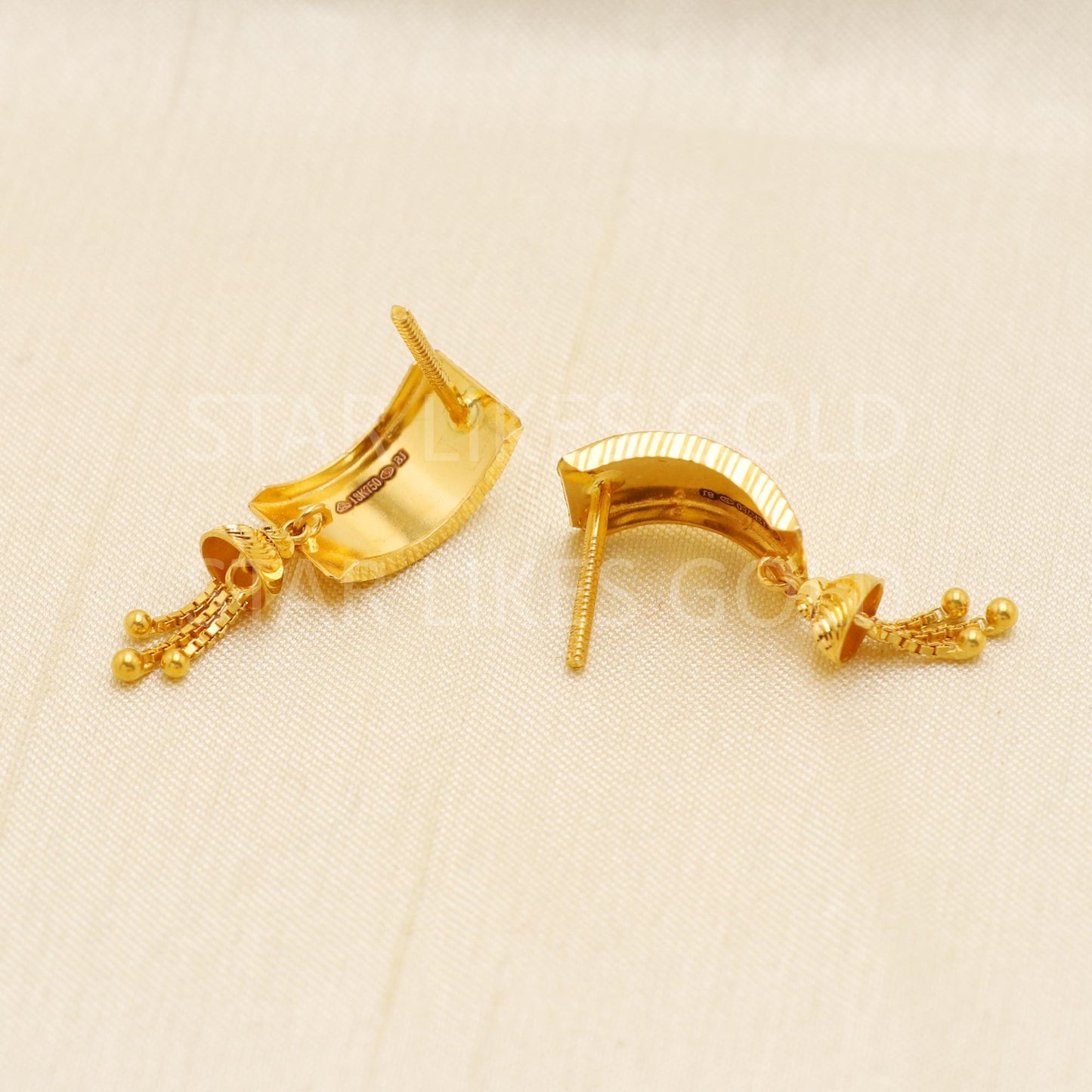 Pure 18k Gold Fancy Stud Earrings with Hallmark Quality and Delicate Hanging Chains, B1737