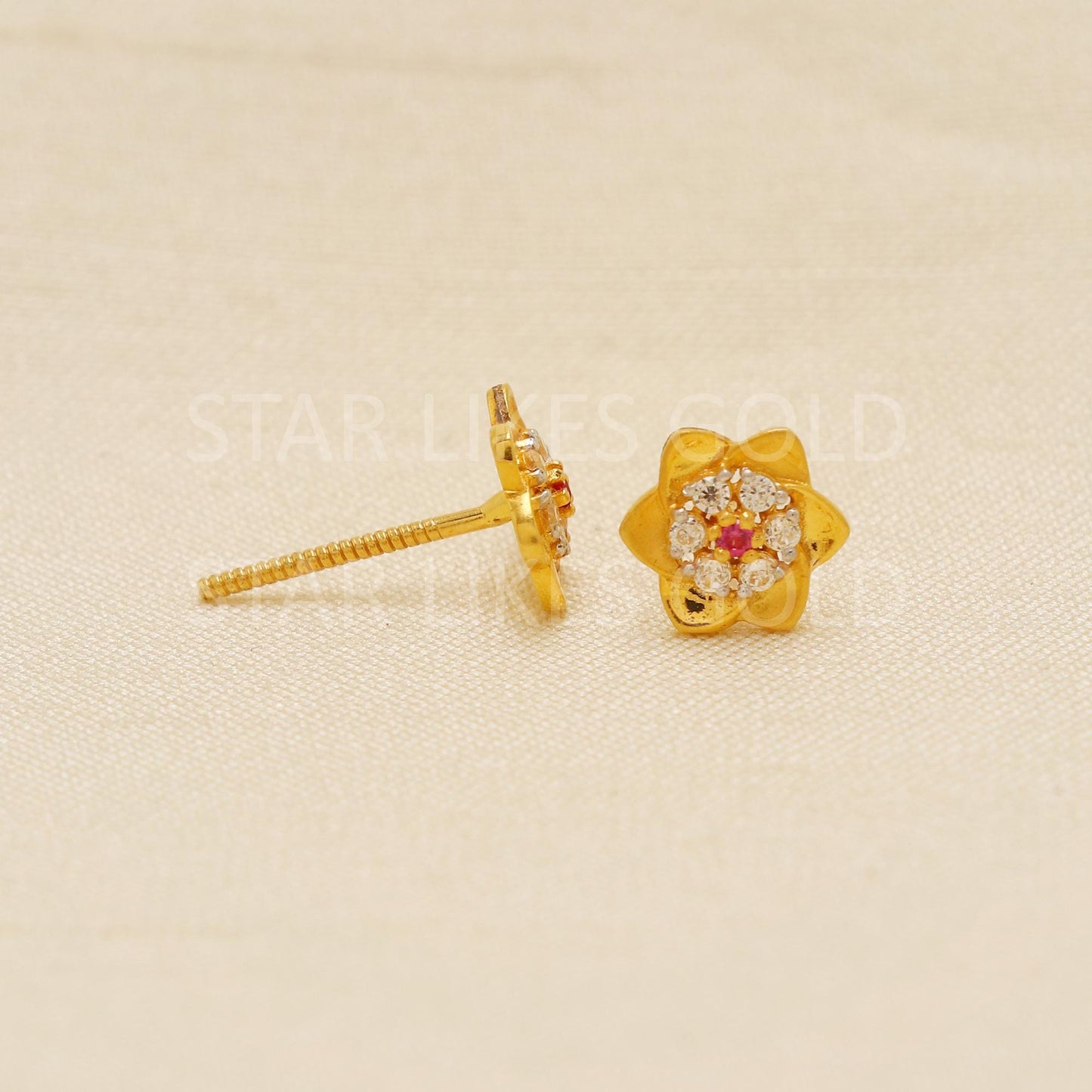18K Gold Floral Stud Earrings | Ruby and CZ Flower Design | Secure Screw Back Indian Gold Jewelry