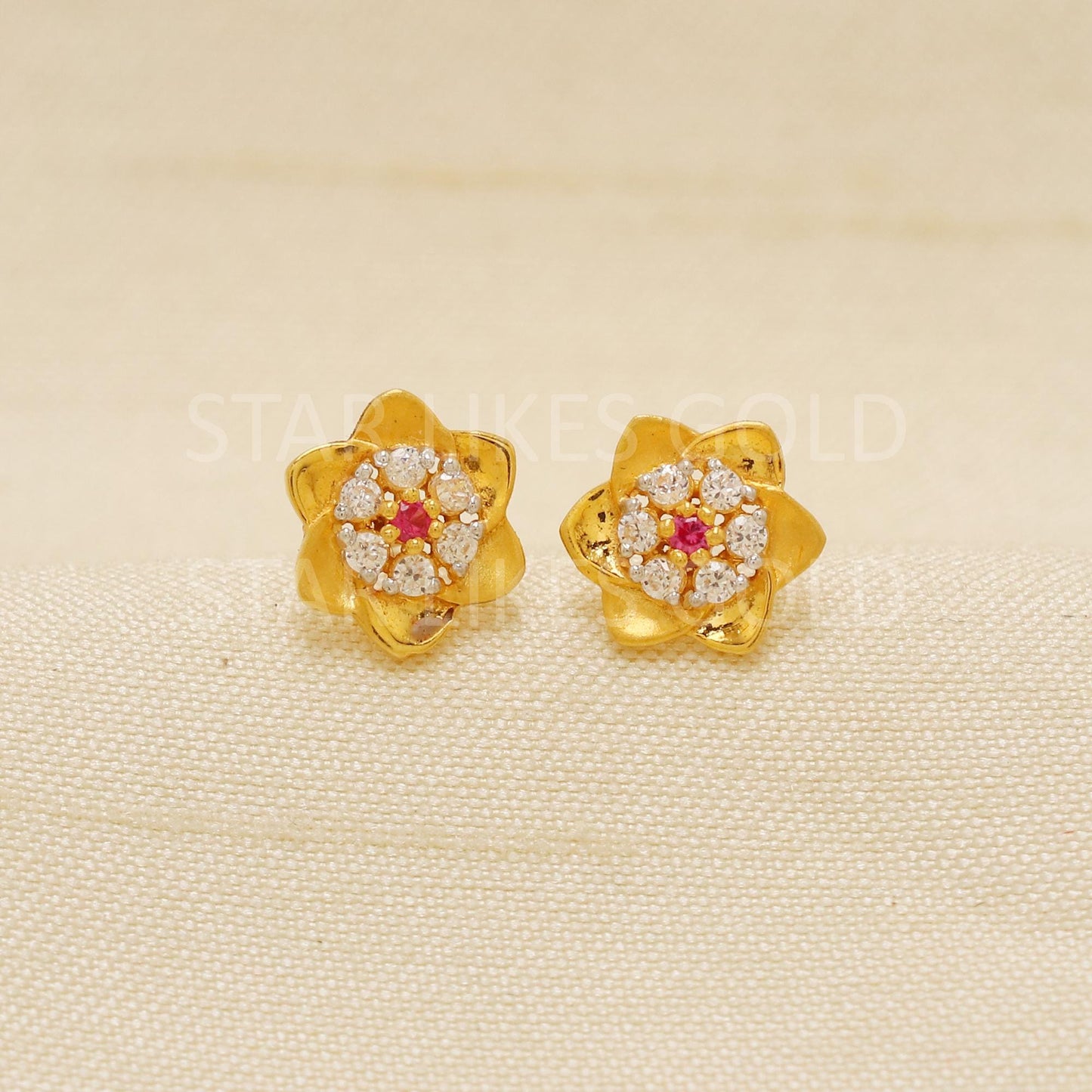 18K Gold Floral Stud Earrings | Ruby and CZ Flower Design | Secure Screw Back Indian Gold Jewelry