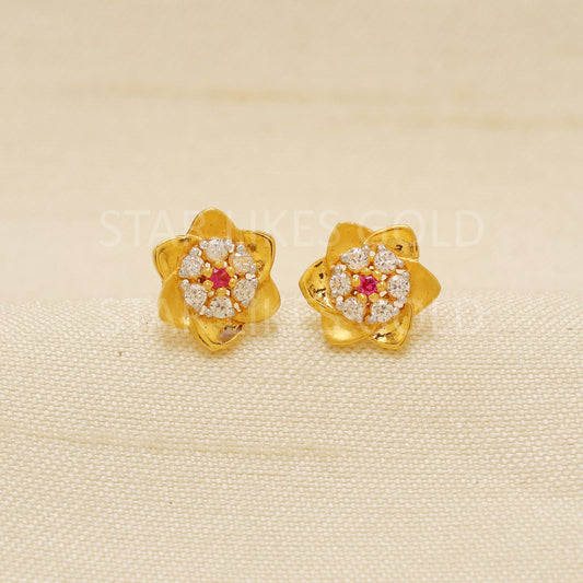 18K Gold Floral Stud Earrings | Ruby and CZ Flower Design | Secure Screw Back Indian Gold Jewelry