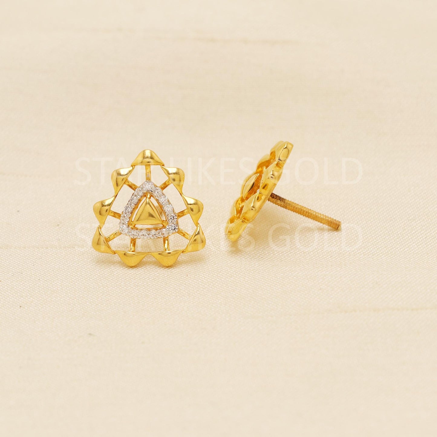 Modern 22k Gold & CZ Triangle Studs | Dainty Gold Ear Studs | Everyday Fine Gold Jewelry