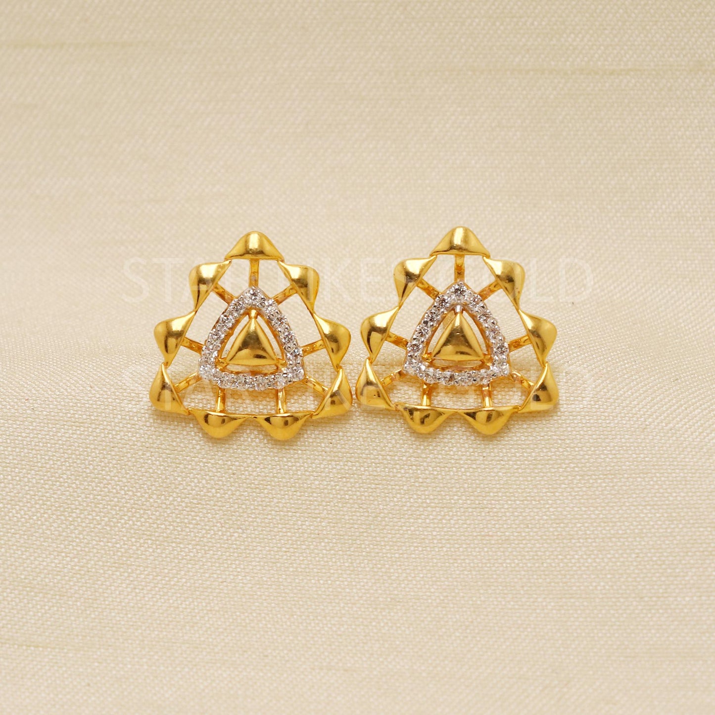 Modern 22k Gold & CZ Triangle Studs | Dainty Gold Ear Studs | Everyday Fine Gold Jewelry