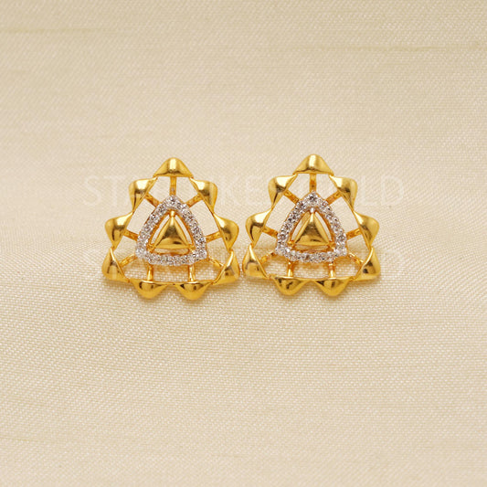 Modern 22k Gold & CZ Triangle Studs | Dainty Gold Ear Studs | Everyday Fine Gold Jewelry