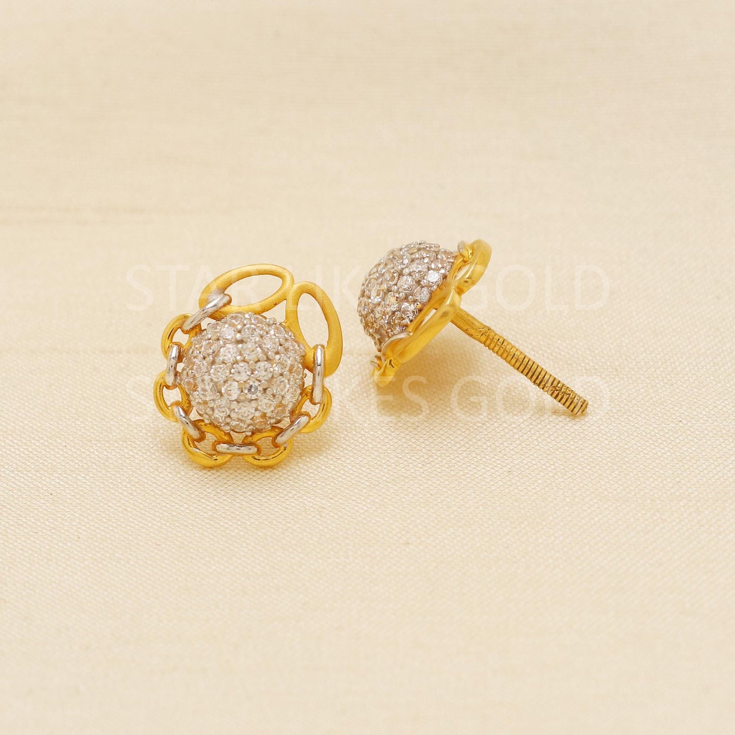Unique 22k Gold Studs, Pave CZ Diamond Studs, Modern Two-Tone Earrings, Daily Wear Studs, Anniversary Gift, Gift For Her