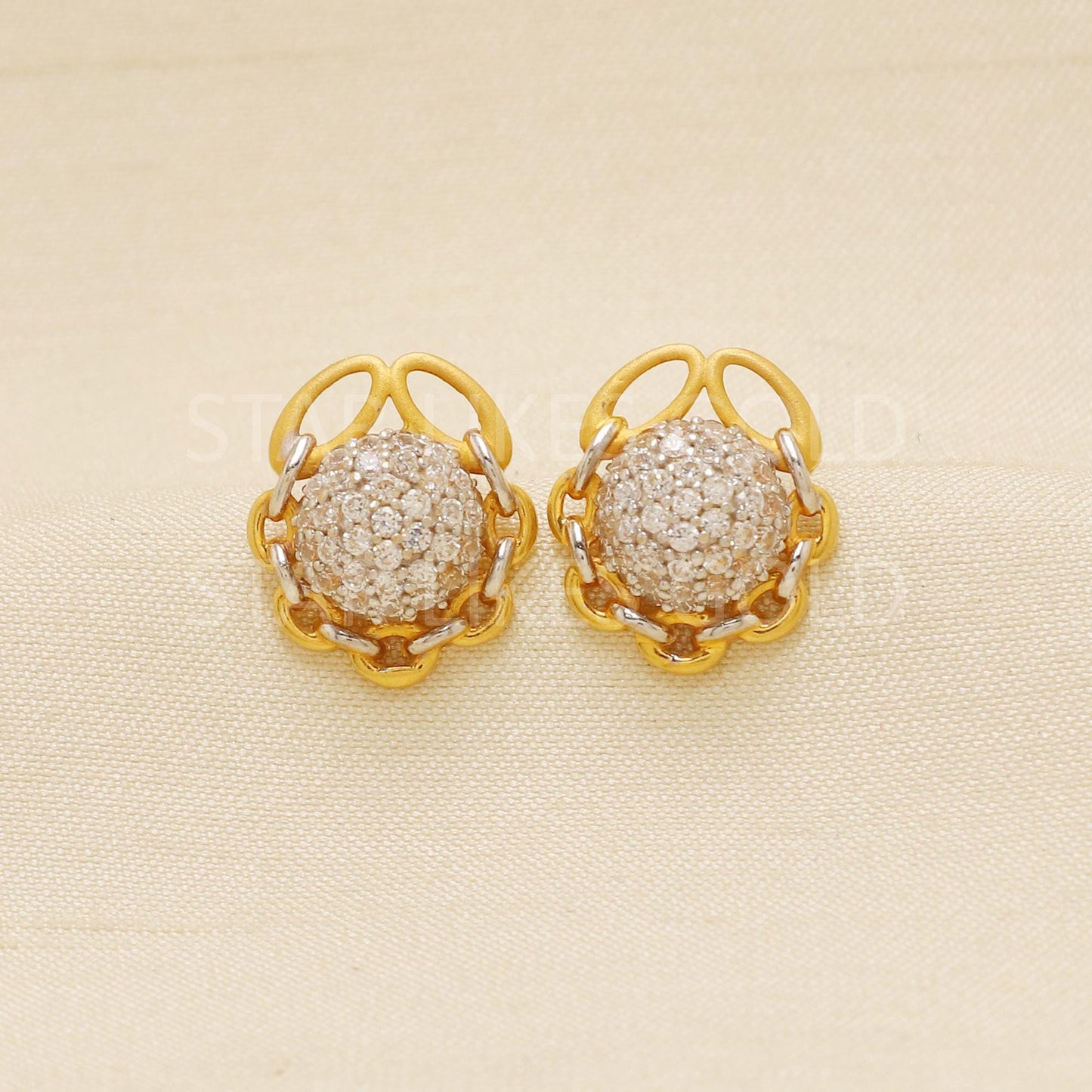 Unique 22k Gold Studs, Pave CZ Diamond Studs, Modern Two-Tone Earrings, Daily Wear Studs, Anniversary Gift, Gift For Her