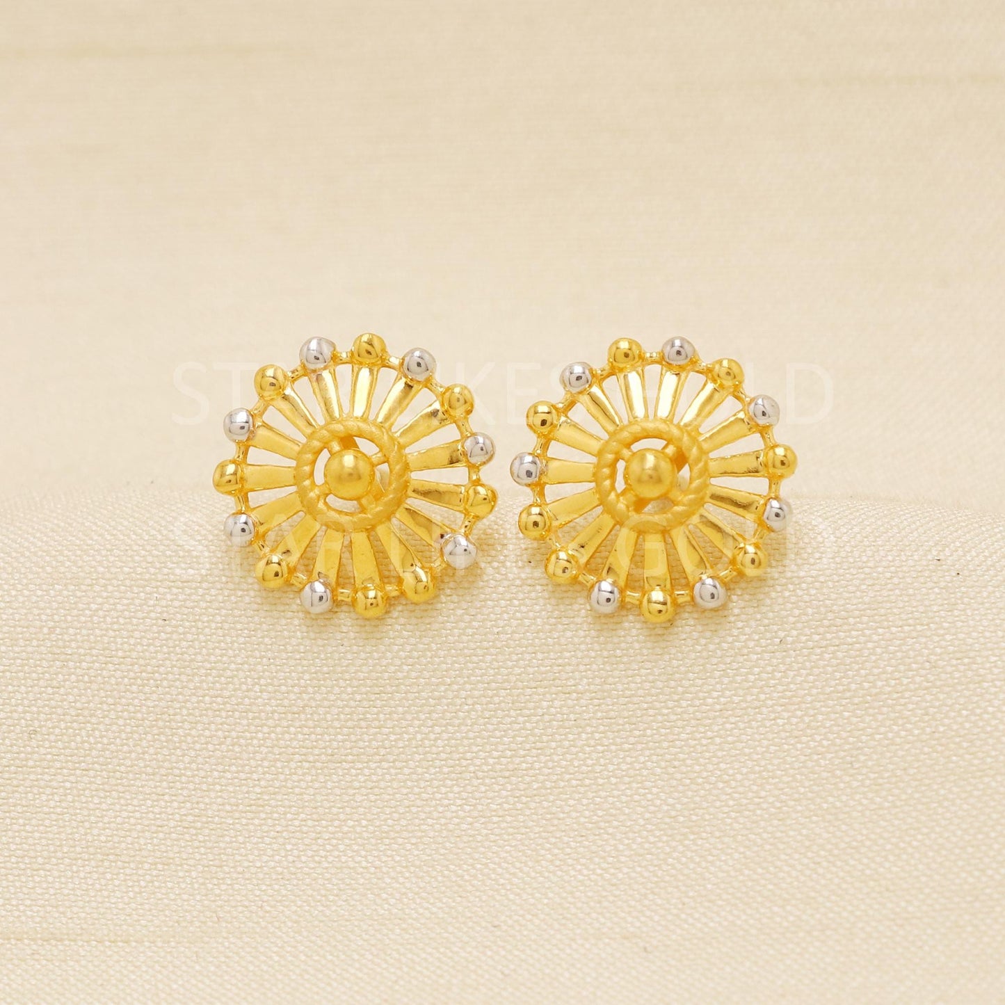 Two tone 22k Gold Studs, Women Fine Gold Earrings, Solid Gold Jewelry, Dainty Studs, Anniversary Gift, Gift for Her