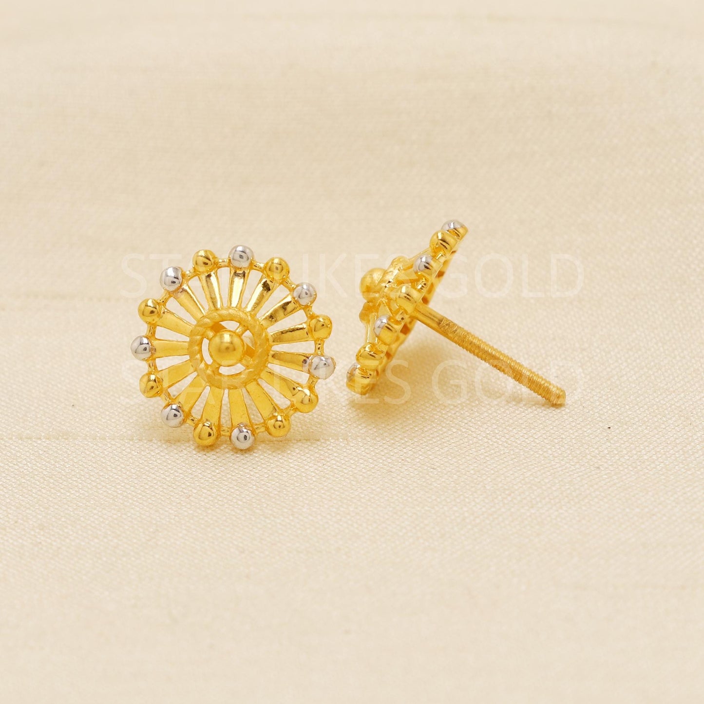 Two tone 22k Gold Studs, Women Fine Gold Earrings, Solid Gold Jewelry, Dainty Studs, Anniversary Gift, Gift for Her