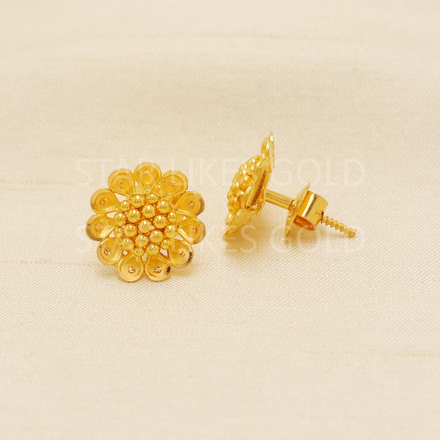 22k Gold Studs, Flower Fine Earrings, Solid Gold Jewelry, Hallmarked Studs, Anniversary Gift, Gift for Her