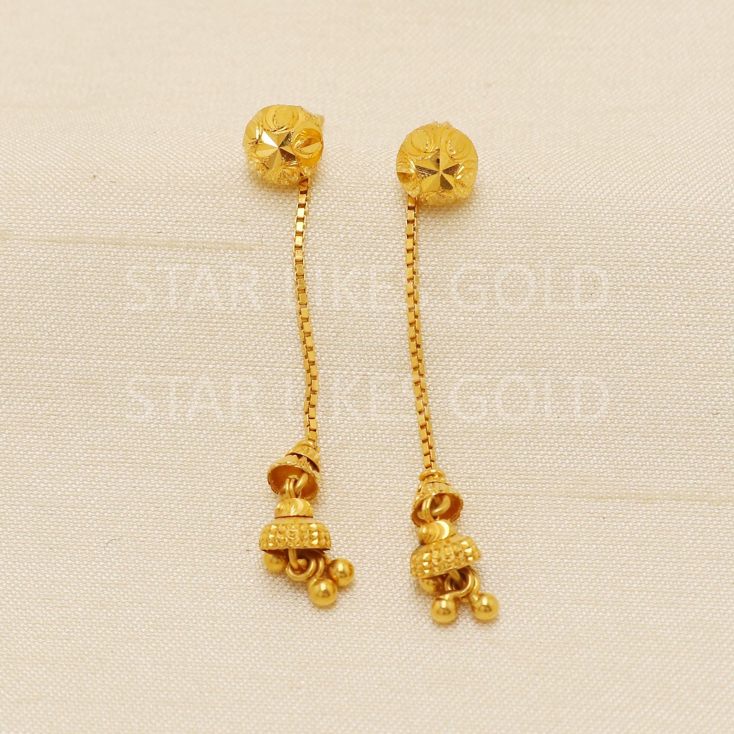 Dangling 22k Gold Chain Studs, Gold Beads Earrings