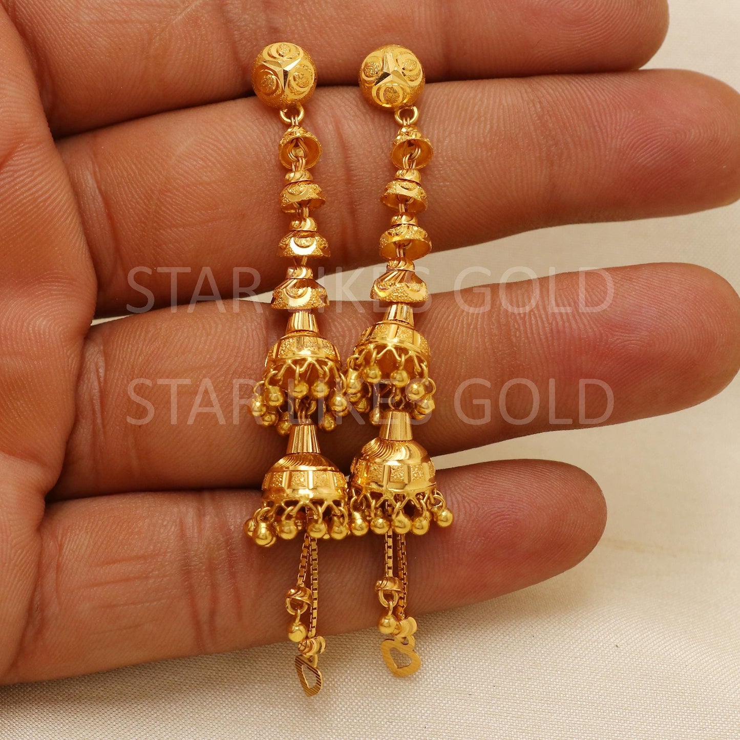 Grand 22K Gold Step Jhumka Earrings - Traditional Layered Drop Design for Weddings, PR1836