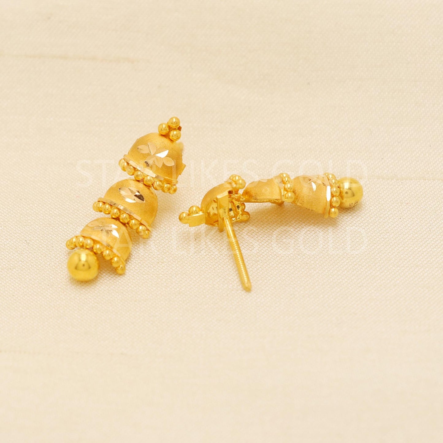 Intricate 22k Gold Leaf Motif Triple Jhumka with Hallmark Certification, PR1838