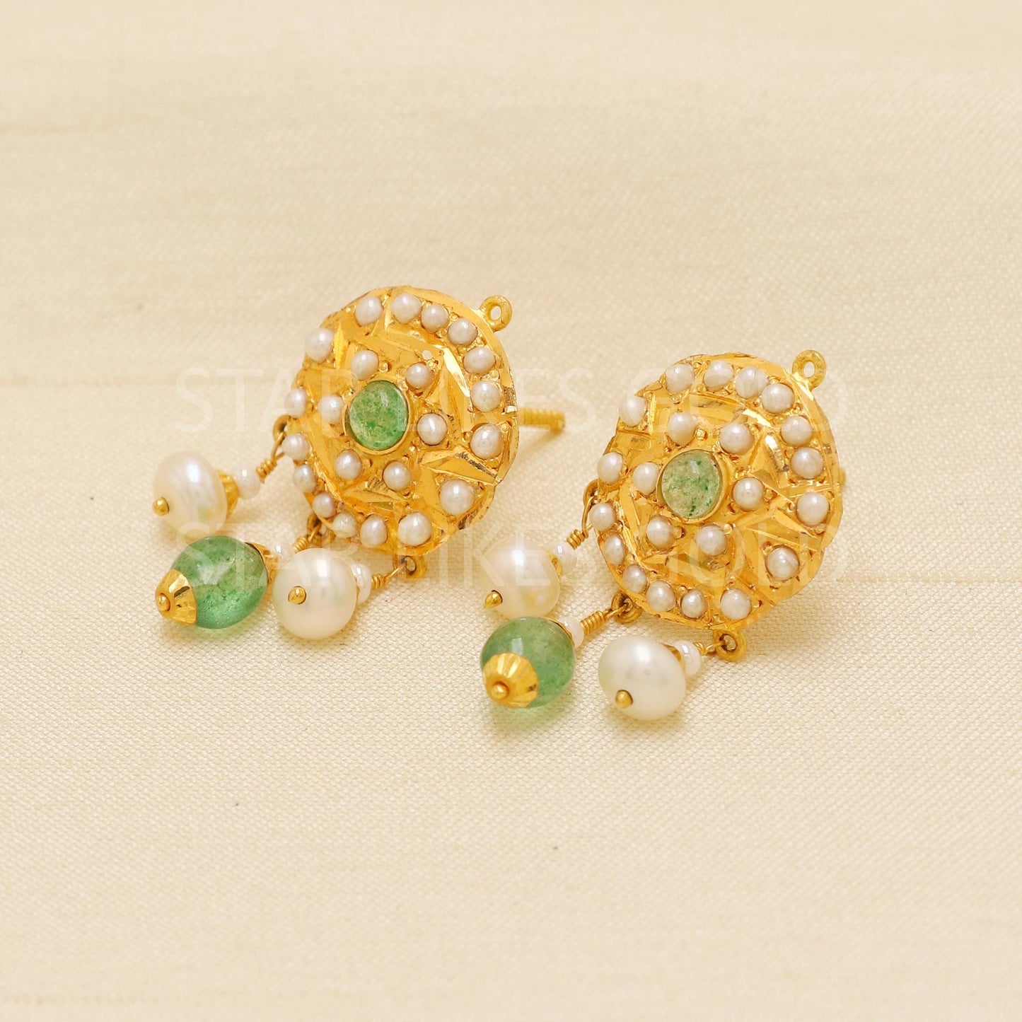 Green Stone Pearl 22k 22 karat Gold Earrings Jewelry, Designer Jewelry