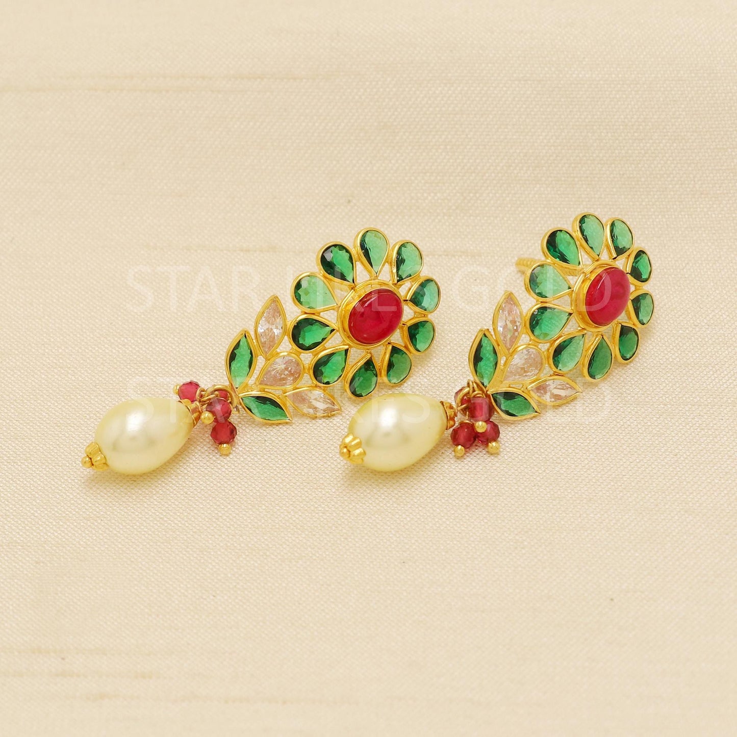 Multi Stone 18K Gold Tops Earrings with dangling pearl | Daily Wear Fine Indian Jewelry