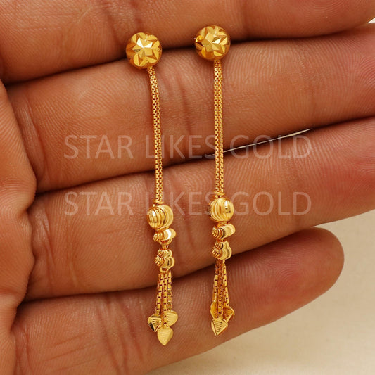Hallmark 22k Gold Long Vertical Chain Earrings with Textured Beads & Heart Tips