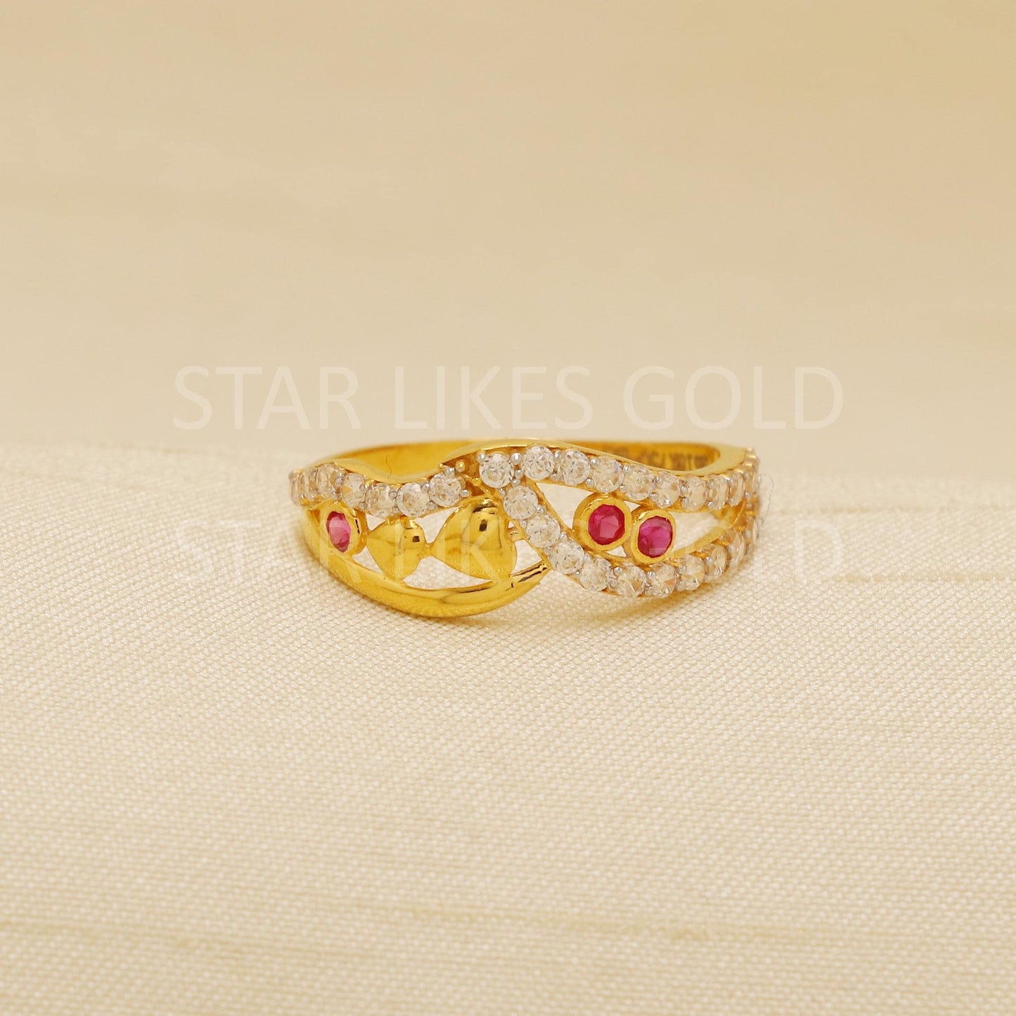 Heart Pink White Zircon 18 karat 18k Gold Indian Ring Jewelry for gift, Statement Gold Women Ring
